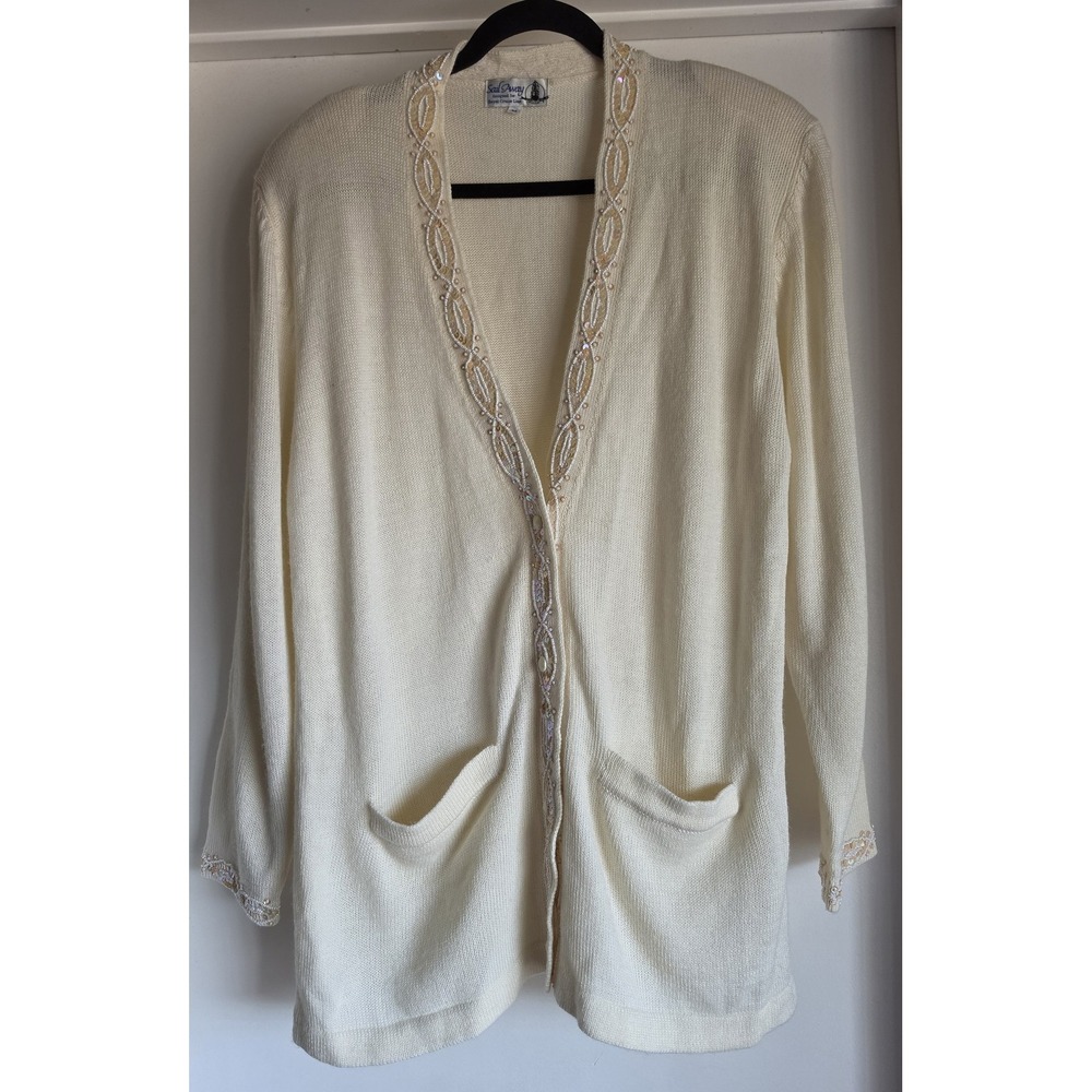 Sail Away Cardigan Women XL Cream V-Neck Long Sleeve Casual Sweater Vintage